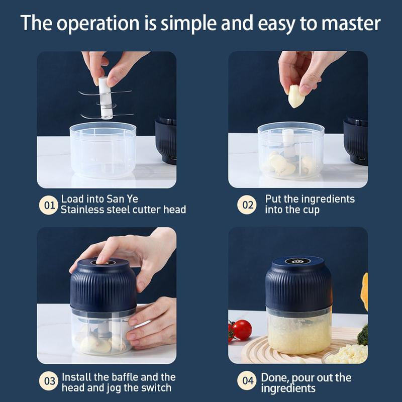 Electric Garlic Chopper, 4 Sharp Blades，Portable Veggie Chopper, 300ML Garlic Grinder Masher Onion Chopper, Blender to Vegetable, Cordless Food Processor for Ginger, Chili, Fruit, Meat, Spices, Beans, Etc